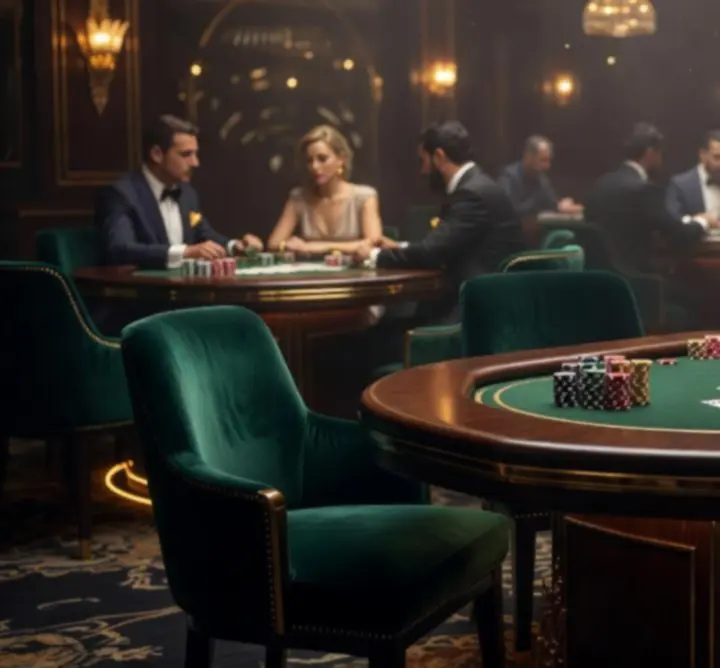 Elegancka, nastrojowa sala turniejowa z oświetlonym stołem pokerowym.