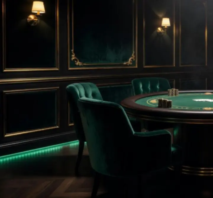 Luksusowe wnętrze prywatnego klubu pokerowego Krag View Hub z eleganckimi stołami i nastrojowym oświetleniem.