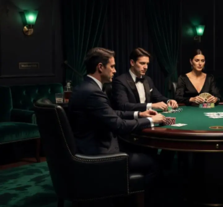 Gracze przy luksusowym stole pokerowym podczas klubowego turnieju.