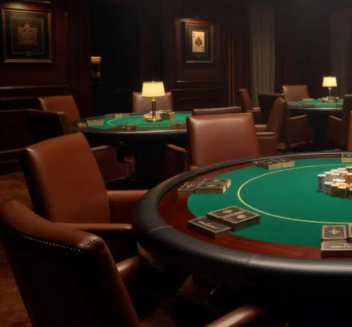 Eleganckie turniejowe stoły pokerowe w luksusowym wnętrzu Krag View Hub.